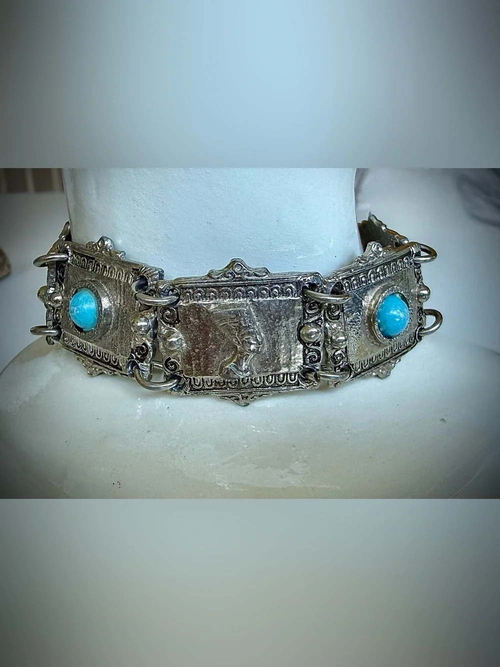 Vintage Silver Tone Egyptian Revival Panel Bracelet Turquoise Colored Cabochons